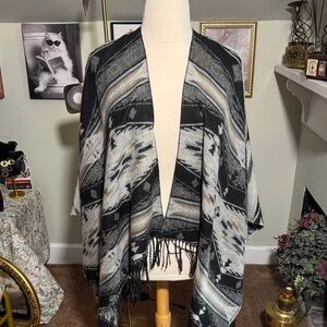 Mudd Black and Gray Knit Shawl Aztec Design One Size Fringe!